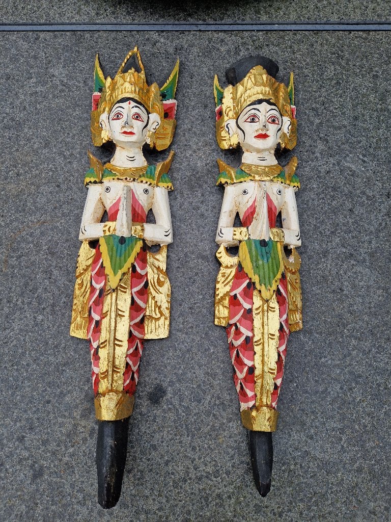 2 Origineel houten snijwerk kleurrijke Thaise priester 58cm., Ophalen of Verzenden