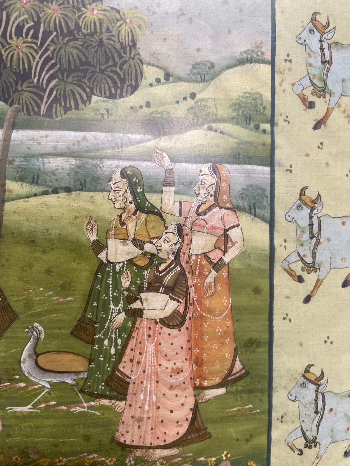 Ingelijst Indiaas schilderij - Krishna en koeien 33x37cm, India, Ophalen of Verzenden, Meerkleurig, Geschilderd