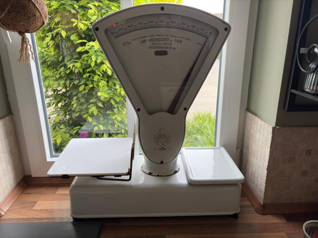 Vintage Jan Molenschot & Zoon winkelweegschaal 20 kg werkend, Ophalen