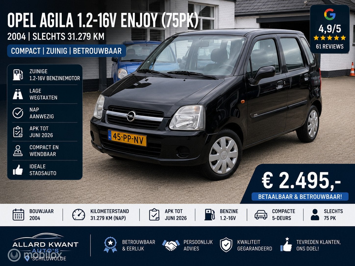 ⭐ Opel Agila 1.2-16V | SLECHTS 31.279 KM NAP / Hoge Instap, Auto's, Voorwielaandrijving, Zwart, Origineel Nederlands, Bedrijf