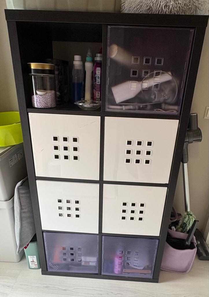 Kallax kast met inzetstukken, Huis en Inrichting, Kasten | Boekenkasten, Ophalen, Gebruikt, 50 tot 100 cm, Met lade(s)