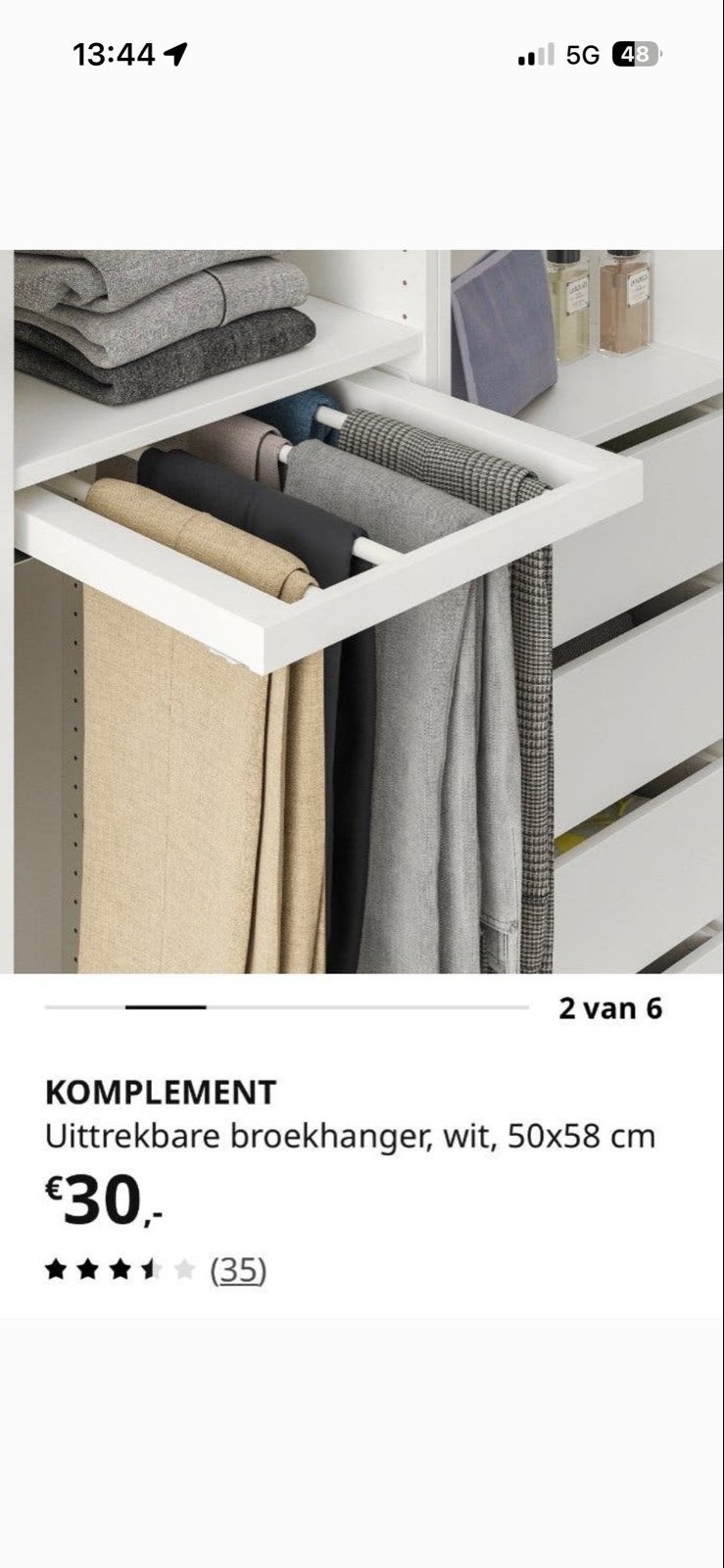 IKEA KOMPLEMENT Uittrekbare broekhanger, wit, 50x58 cm, Huis en Inrichting, Kasten | Kledingkasten, Ophalen, 50 tot 100 cm, Zo goed als nieuw
