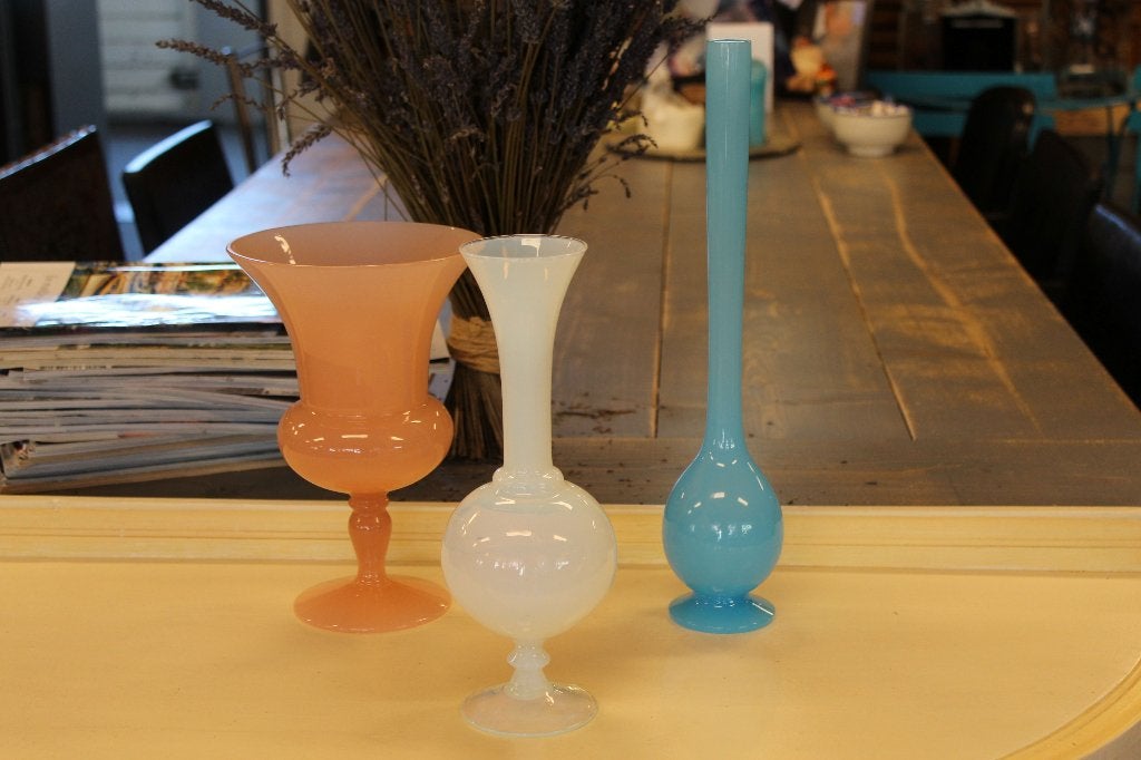 Brocante - Trio tedere siervaasjes, Opaline!, Ophalen of Verzenden, Gebruikt, Glas, Vintage