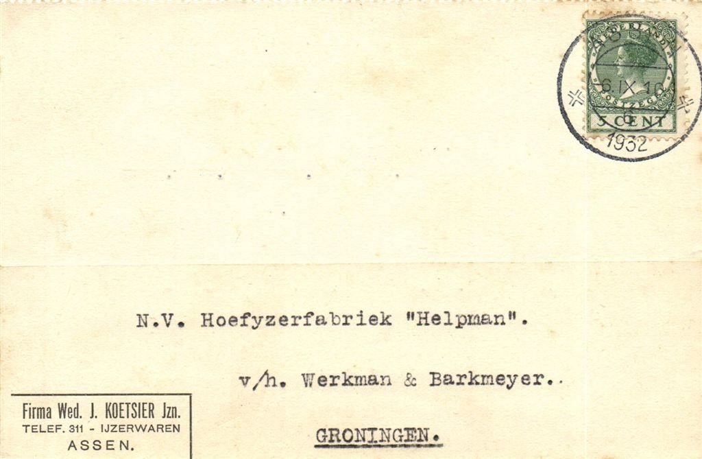 Firma Wed. J. Koetsier Jzn., Assen - 09.1932 - briefkaart, Ophalen of Verzenden, Briefkaart