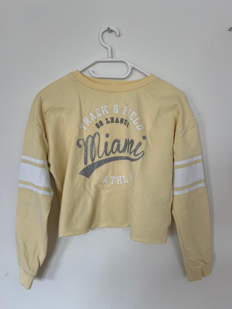 H&M Cropped Sweater Geel met Miami Print, mt 146/152, Ophalen of Verzenden, Gebruikt, Meisje, Trui of Vest