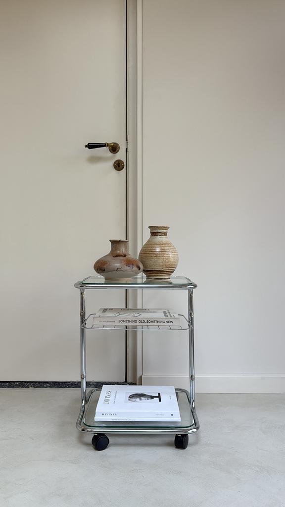 Vintage messing trolley / tafel met glasplaten, Ophalen, Metaal of Aluminium, Vintage, Zo goed als nieuw