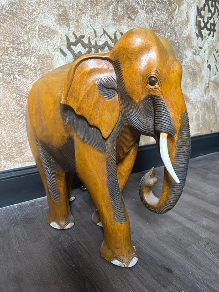 Handgesneden houten olifantenbeeld, Aziatische stijl, 50cm, Beeld, Hout, Bruin, Overige stijlen