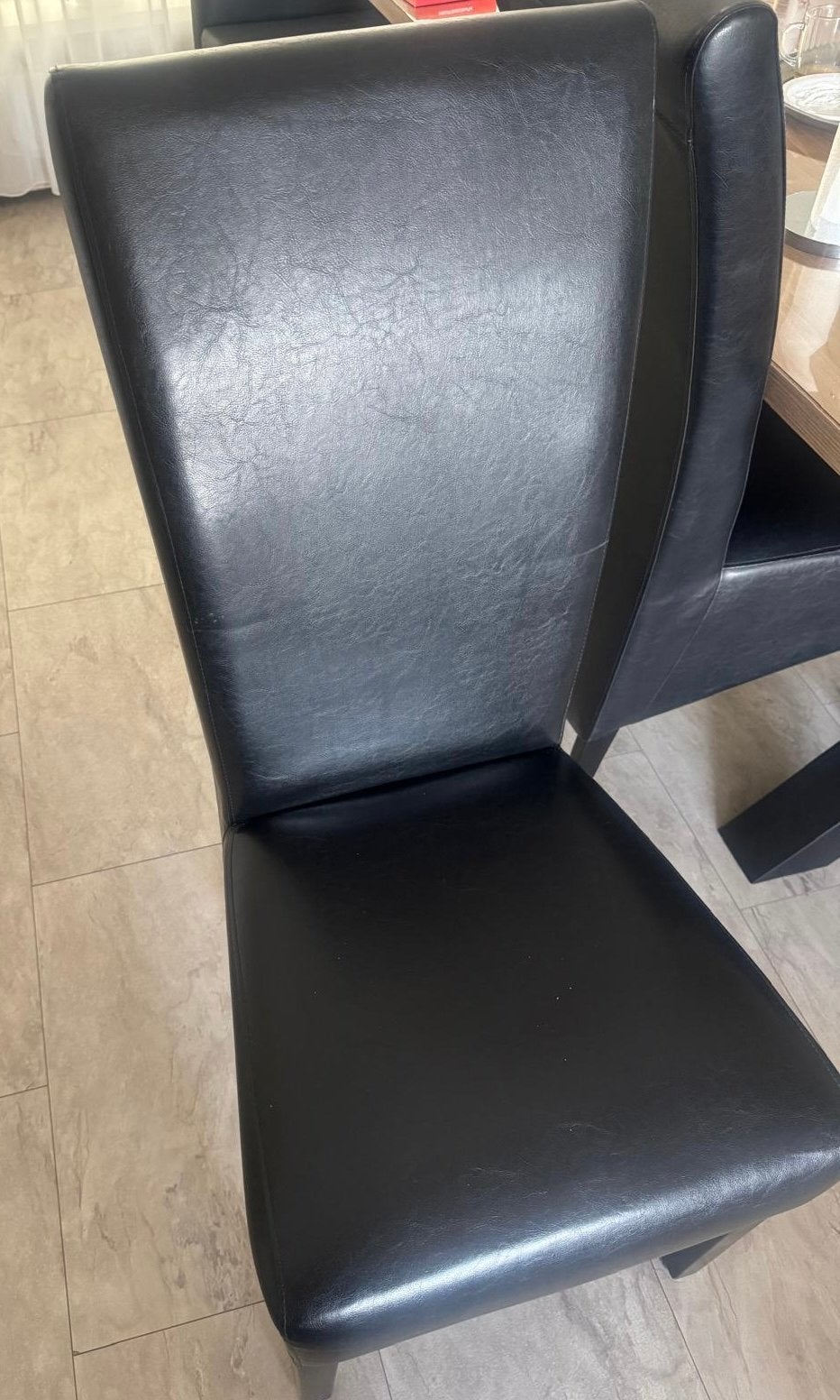 4 zwarte eetkamerstoelen, Huis en Inrichting, Stoelen, Gebruikt, Zwart, Leer, Ophalen of Verzenden