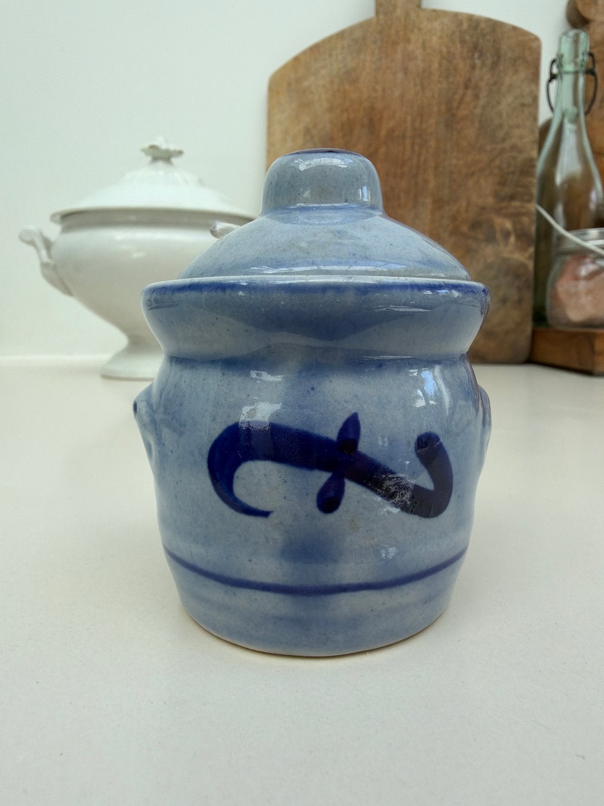 Vintage Zoutpotje / Mosterdpotje met Lepeltje - Blauw Kerami, Ophalen of Verzenden