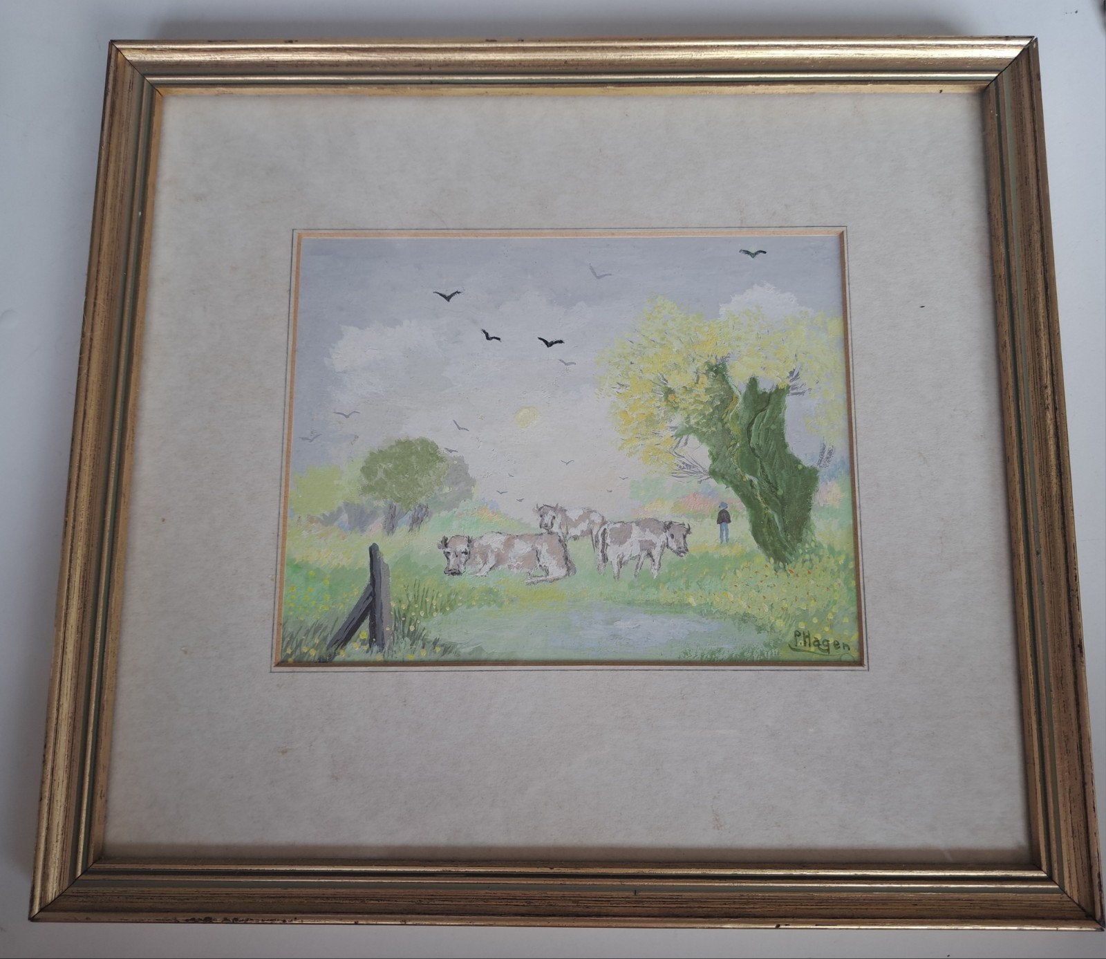 Schilderij P. Hagen - Koeien in landschap met wilg, Paneel, Realistisch, Ophalen of Verzenden, Gesigneerd