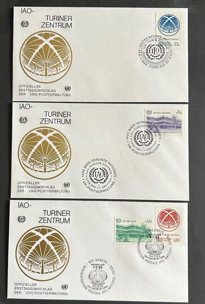 Set van 3 officiële VN 1e Dagenveloppen (FDC) 1985 AO, Ophalen of Verzenden, Onbeschreven, Rest van de wereld