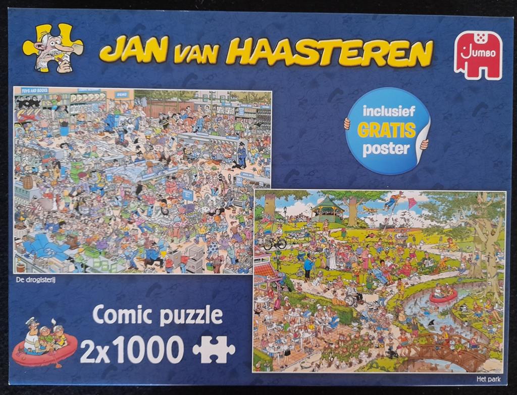 Puzzel Jan van Haasteren Drogisterij en Het park 2 X 1.000, Ophalen of Verzenden, 500 t/m 1500 stukjes, Zo goed als nieuw