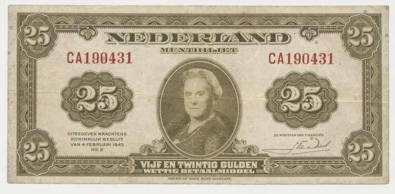 Nederland 25 Gulden 1943 Wilhelmina, Postzegels en Munten, Bankbiljetten | Nederland, Ophalen of Verzenden, 25 gulden, Los biljet