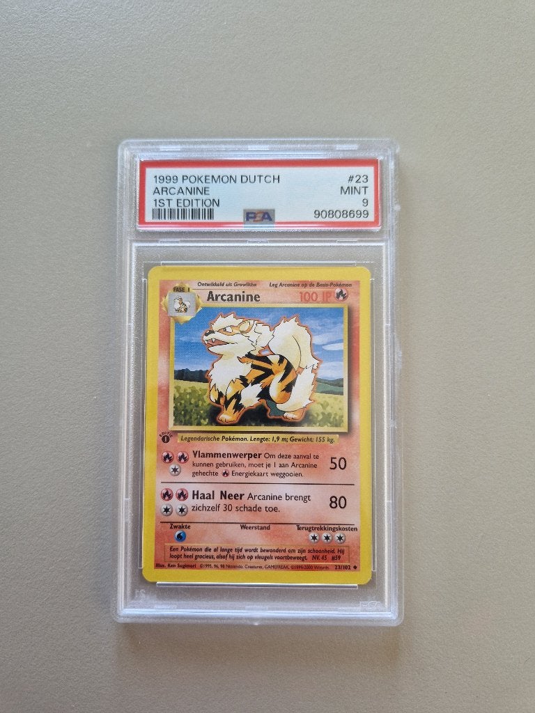 PSA 9 Arcanine Dutch 1st Edition Base Set 1999, Ophalen of Verzenden, Zo goed als nieuw, Losse kaart
