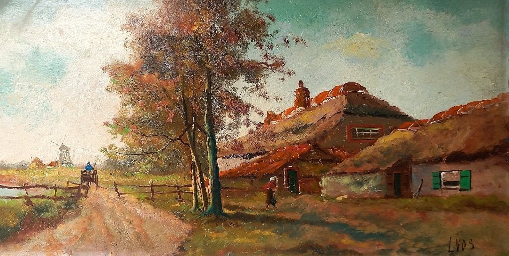 Oude boerderij, Antiek en Kunst, Kunst | Schilderijen | Klassiek, Paneel, Ophalen of Verzenden, Landschap, Olieverf