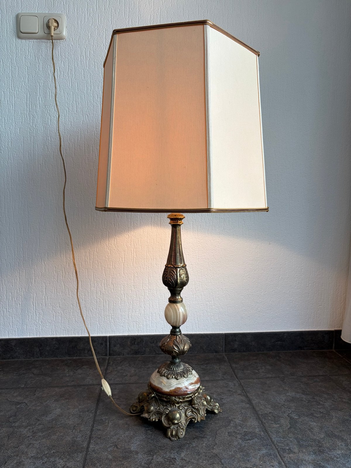 Vintage Tafellamp met Marmeren Voet en Stoffen Kap, Ophalen