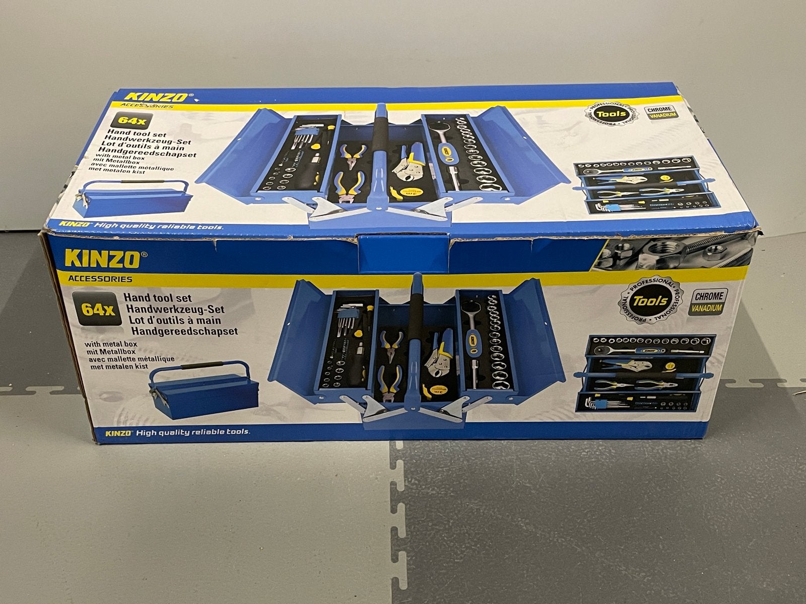 Kinzo 64-delige Handgereedschapset in Metalen Kist, Doe-het-zelf en Verbouw, Ophalen of Verzenden, Nieuw, Gereedschapsset, Overige merken