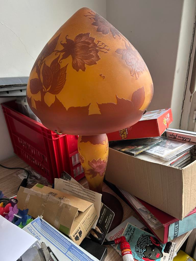 Vintage Bruin Gemêleerd Glaswerk Tafellamp - Paddenstoel, Ophalen, Zo goed als nieuw