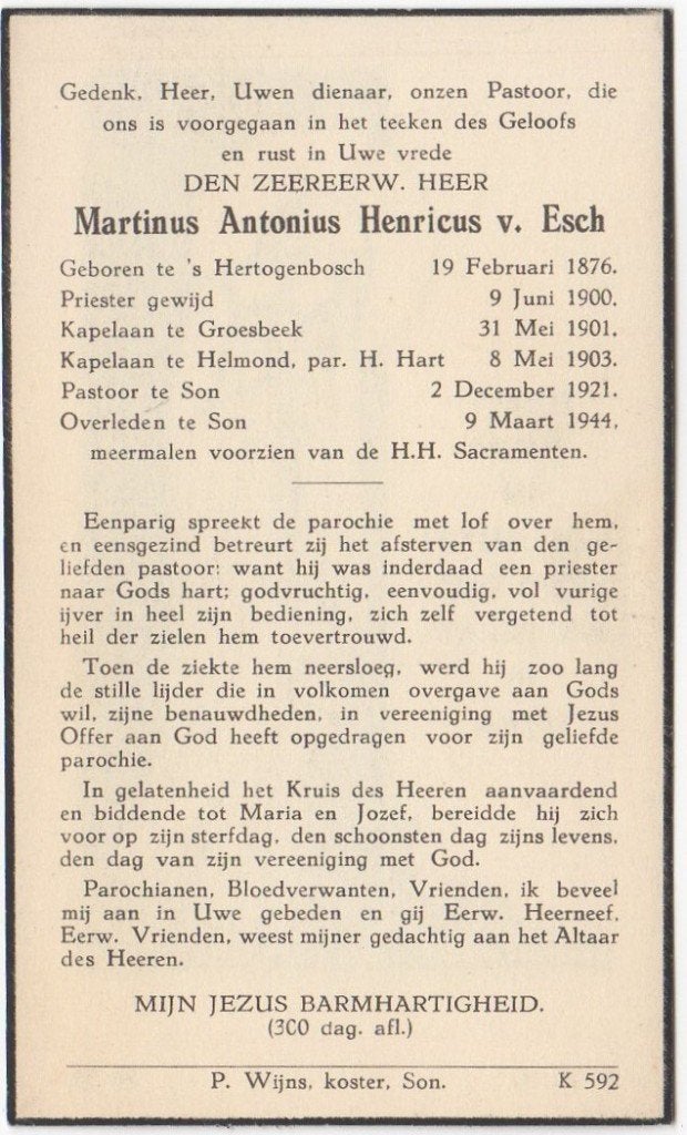 pastoor Martinus van Esch 1876 Den Bosch + 1944 Son, 68 jaar, Verzamelen, Ophalen of Verzenden
