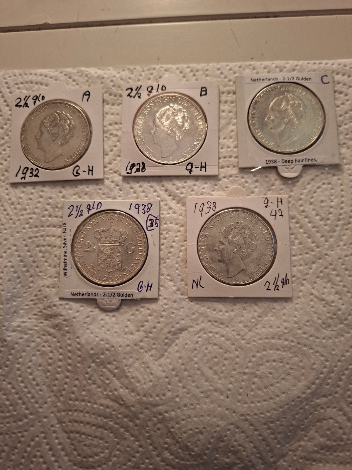 Wilhelmina Rijksdaalder 1932 & 1938 Grof Haar, Zilver, Ophalen of Verzenden, Koningin Wilhelmina, Losse munt
