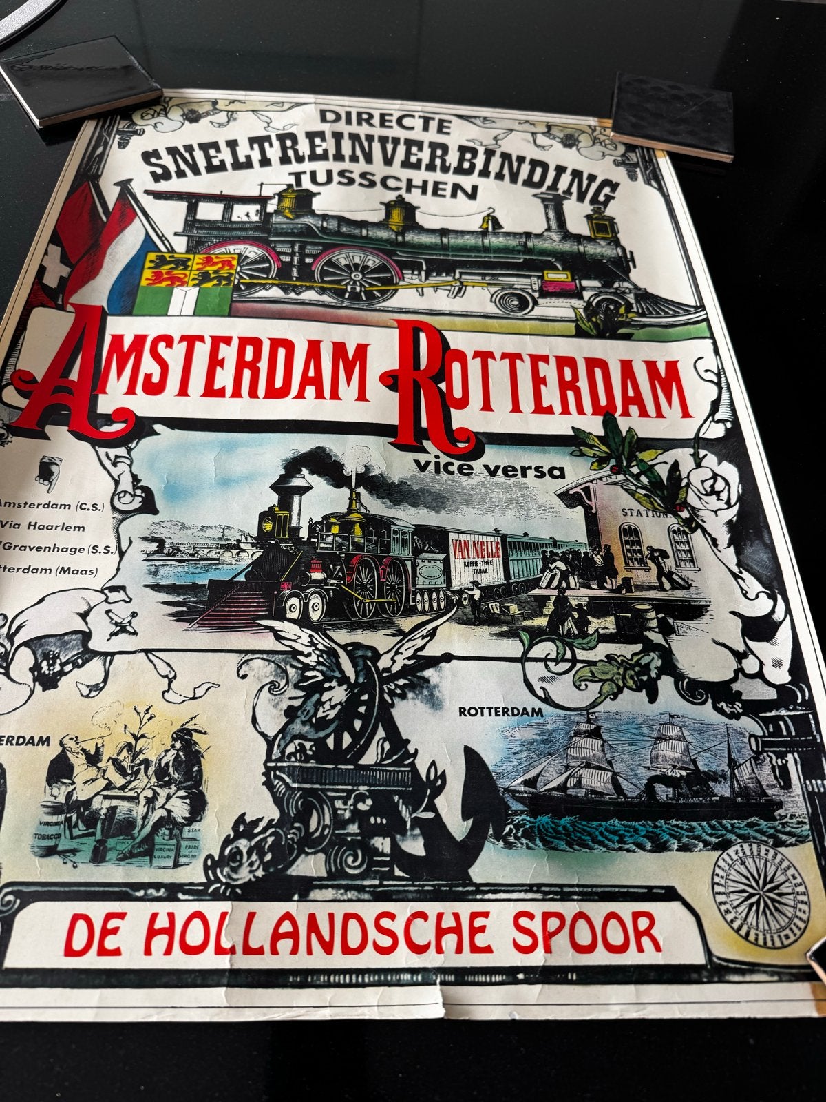 Vintage Poster: Directe Sneltreinverbinding Amsterdam-Rotter, Ophalen, Gebruikt, Trein, Kaart of Prent