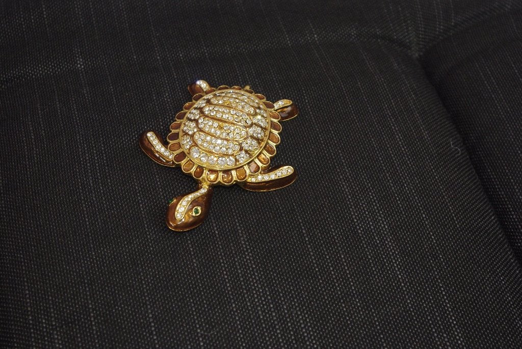 Schildpad Broche met Strass en Emaille - Vintage Stijl, Overige materialen, 4 tot 7 cm, Ophalen of Verzenden, Zo goed als nieuw