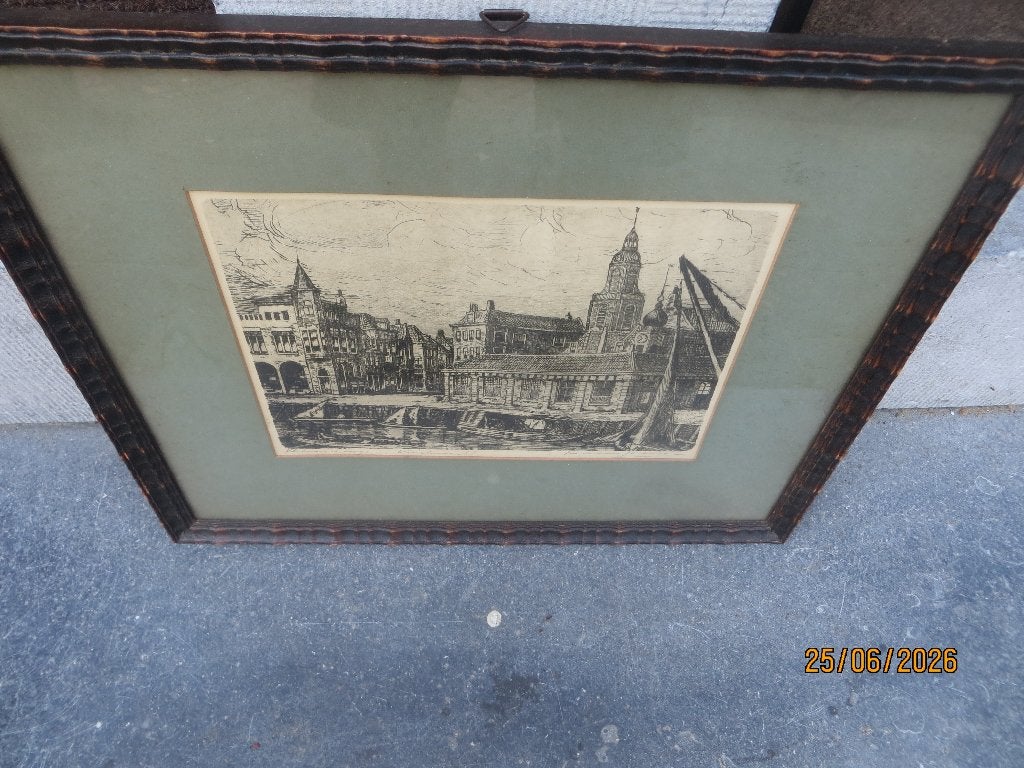 Vlaardingen, grote Ets v/d Vismarkt, door Marius Janssen, Antiek en Kunst, Kunst | Etsen en Gravures, Ophalen, Stadsgezicht, Ets