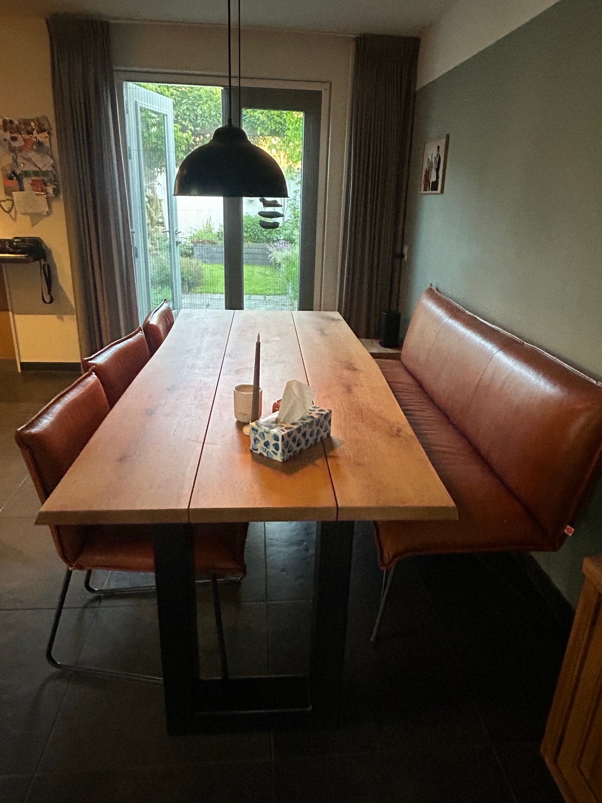 Massief eikenhouten eettafel met leren bank en stoelen, Huis en Inrichting, Tafels | Eettafels, Zo goed als nieuw, 50 tot 100 cm