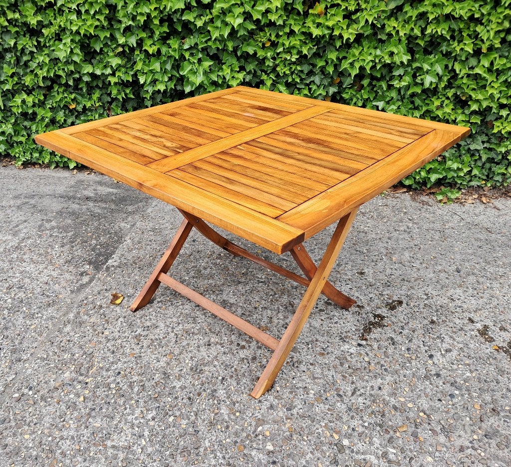 Grote teakhouten tuintafel 110 x 110 cm, inklapbaar, Ophalen, Gebruikt, Rechthoekig, Teakhout
