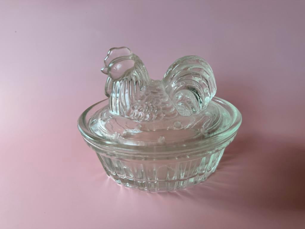 Vintage Glazen Kip op Nest - Botervloot/Bonbonschaaltje, Ophalen of Verzenden