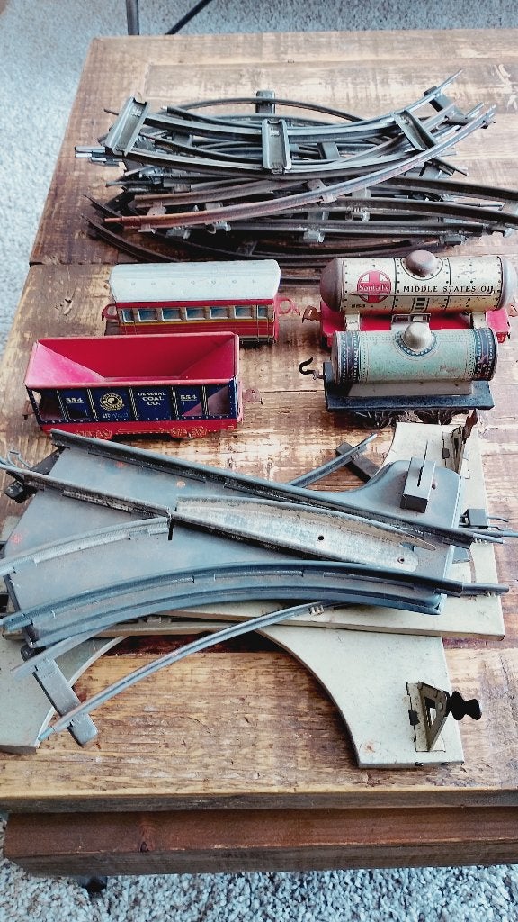 Vintage blikken model spoorbaan met wagons en rails 1950, Antiek en Kunst, Ophalen of Verzenden