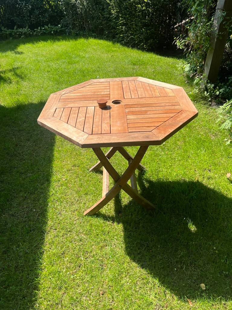 Houten tuintafel, achthoekig, inklapbaar, Tuin en Terras, Tuintafels, Ophalen of Verzenden, Gebruikt, Ovaal, Hout