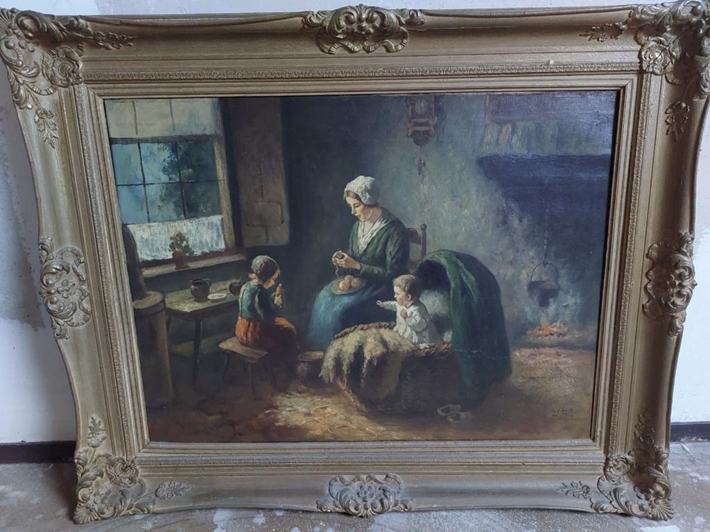 Oud schilderij met lijst: Moeder en kinderen, Ophalen of Verzenden