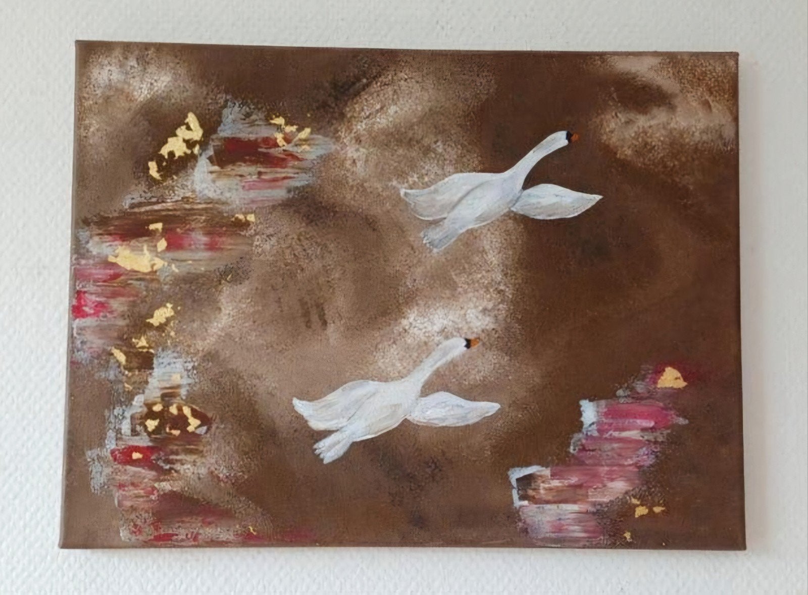 canvas vliegende zwanen en bladgoud, Verzenden, Overige materialen, Acrylverf, Dieren
