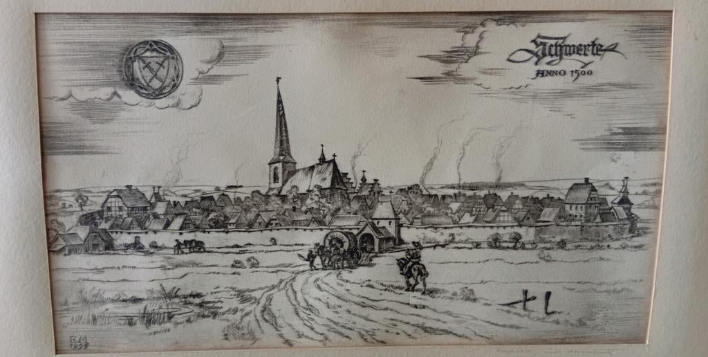 Vintage Kunst Tekening 1954 Middeleeuwen Anno 1500 Duitsland, Antiek en Kunst, Kunst | Etsen en Gravures, Stadsgezicht, Met monogram