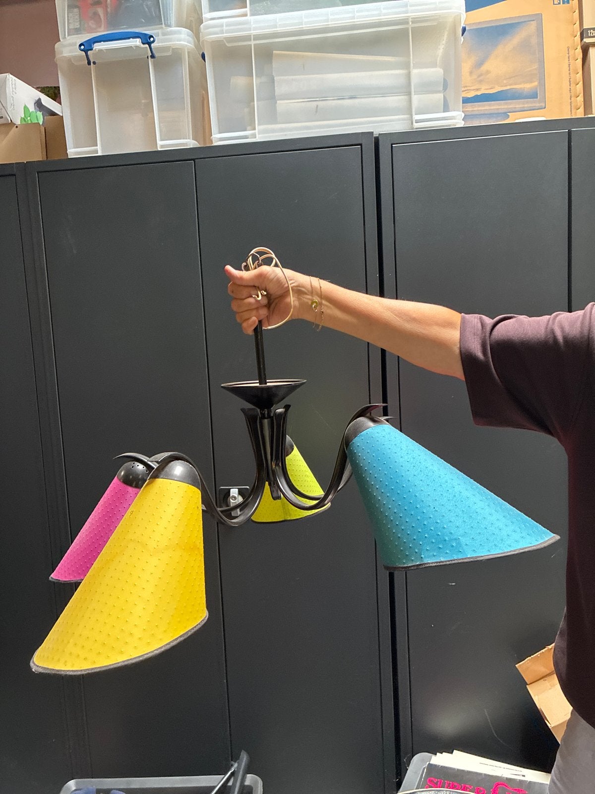Vintage Hanglamp met Gekleurde Kappen - Jaren '70 Stijl, Ophalen, Gebruikt, Metaal, E14 (klein)