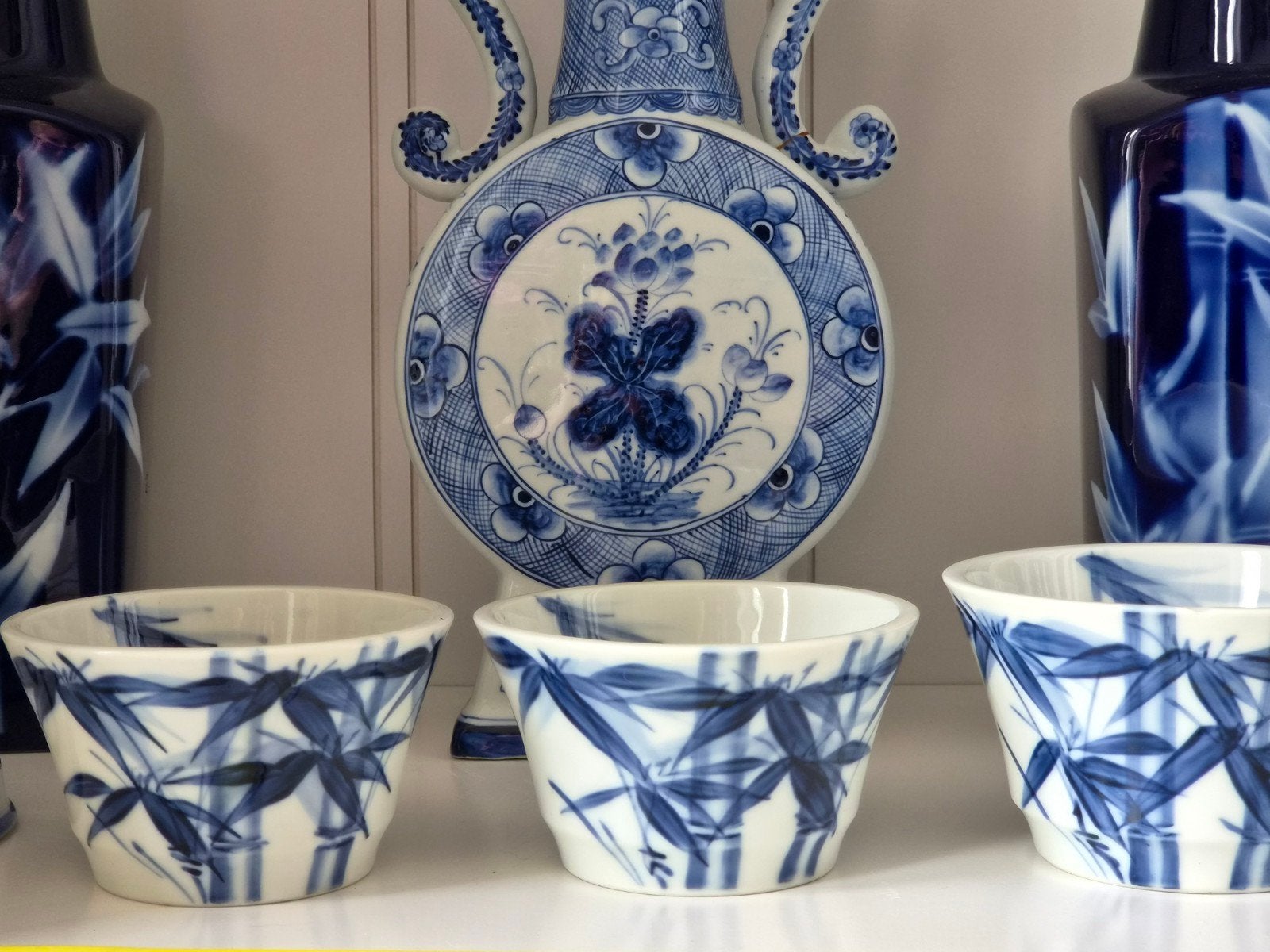 3 Vintage Japanse porseleinen schaaltjes met bamboe decor, Antiek en Kunst, Ophalen of Verzenden