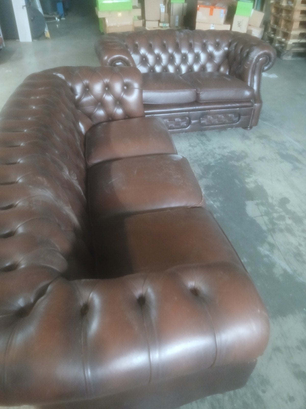 Lederen Chesterfield bankstel 3+2, Gebruikt, Driepersoons, Ophalen of Verzenden, Rechte bank