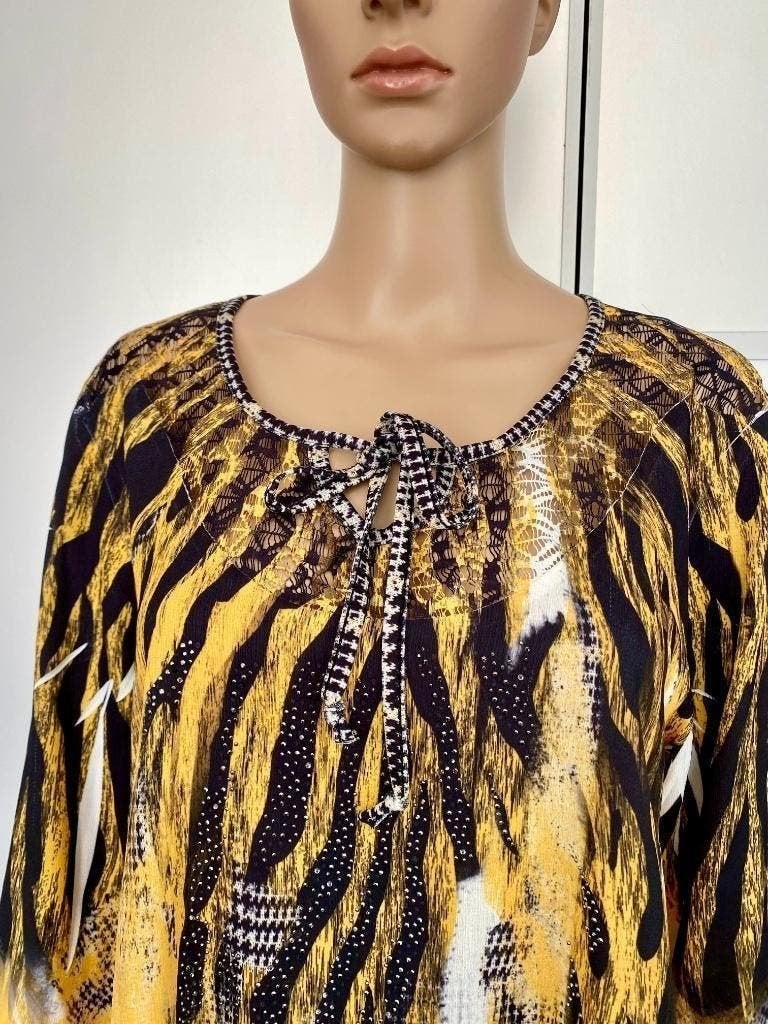 H454 Missy: maat L=40 blouse tuniek top geel/wit zwart, Maat 38/40 (M), Geel, Missy, Ophalen of Verzenden