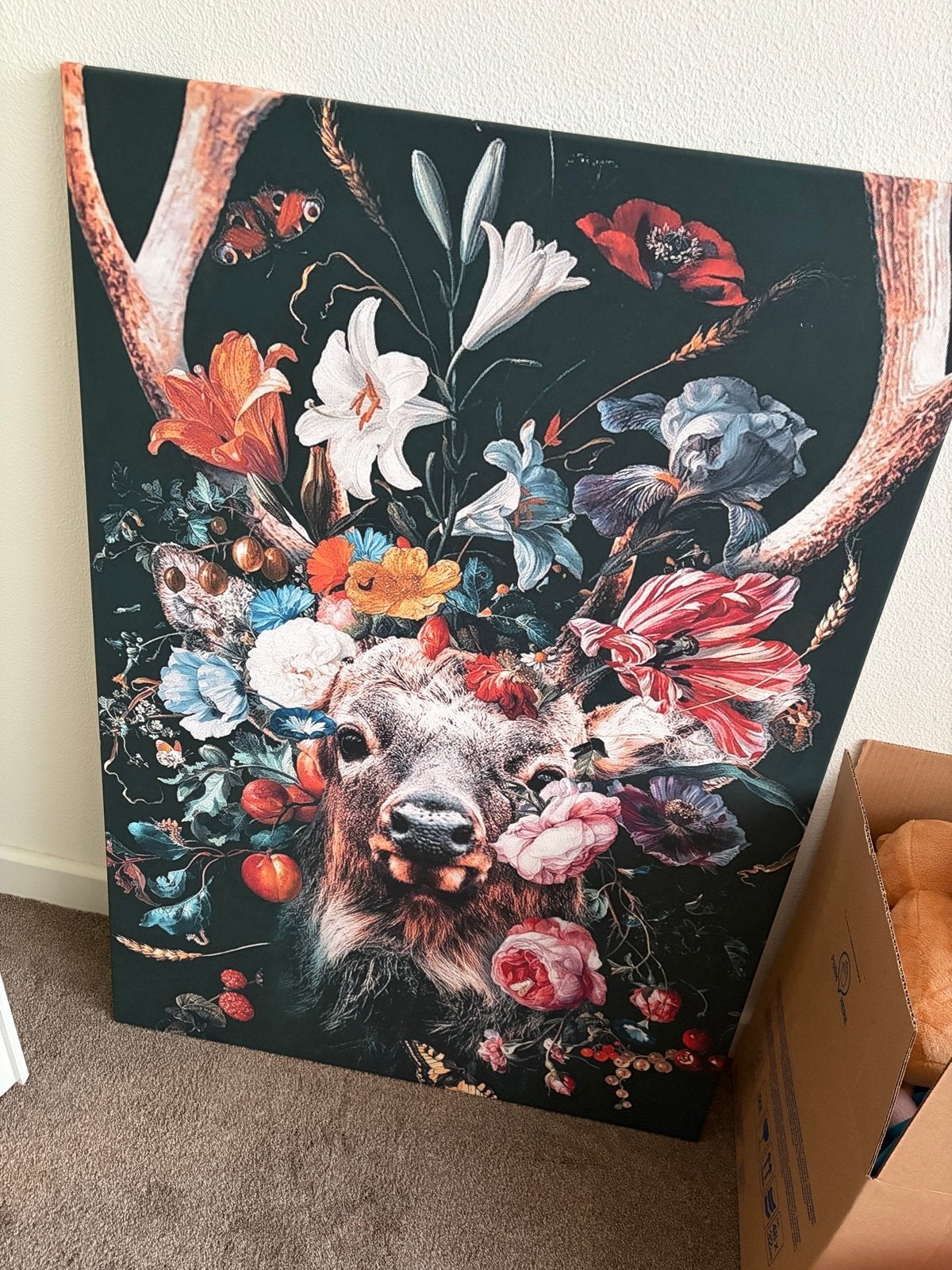 Canvas met Hert en Bloemen - 70x100cm, Ophalen, 75 tot 100 cm, 75 – 100, Print