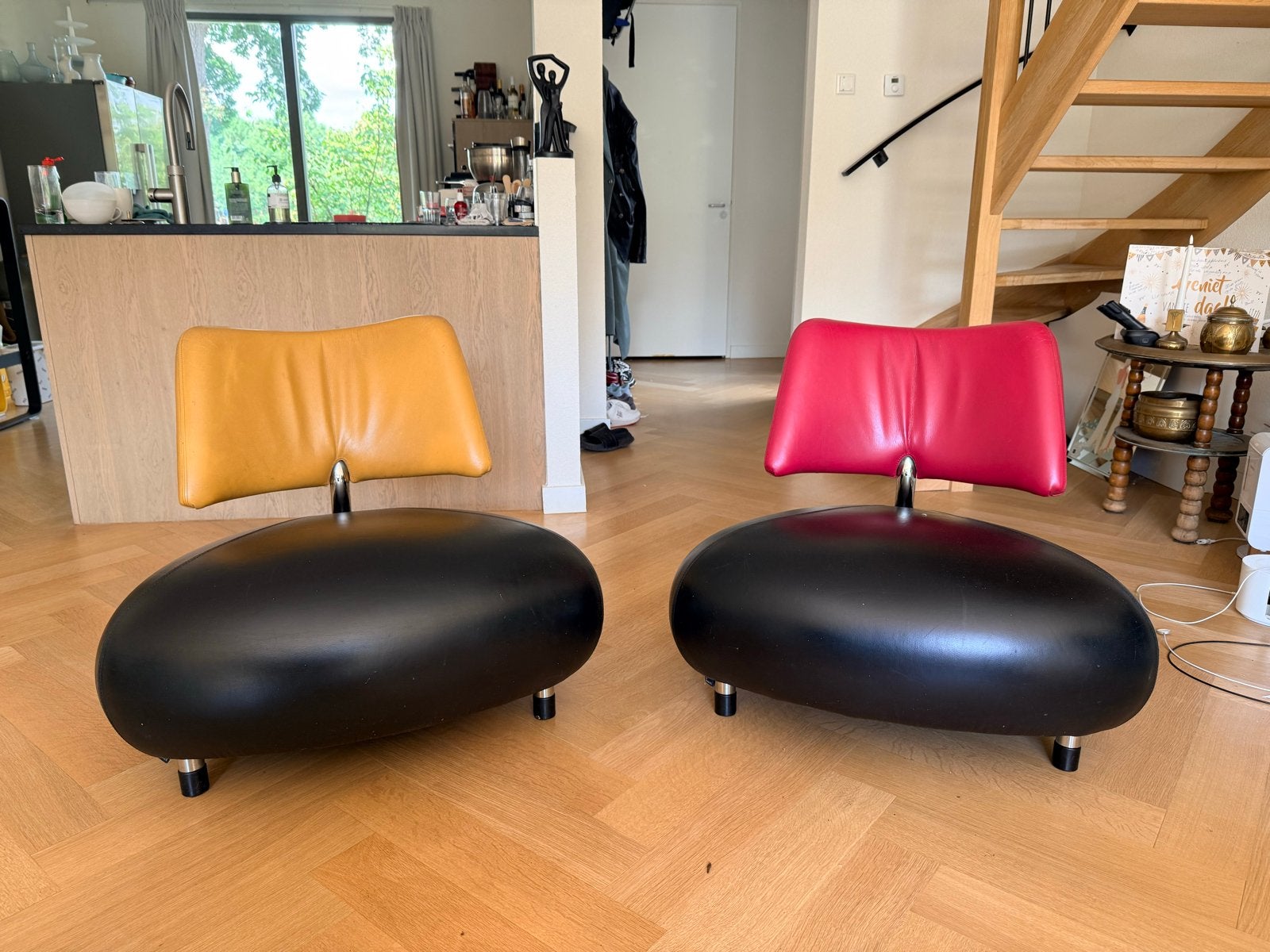 Leolux Pallone fauteuils - Mosterdgeel & Bordeaux rood, Huis en Inrichting, Gebruikt, Twee, Overige kleuren, Leer