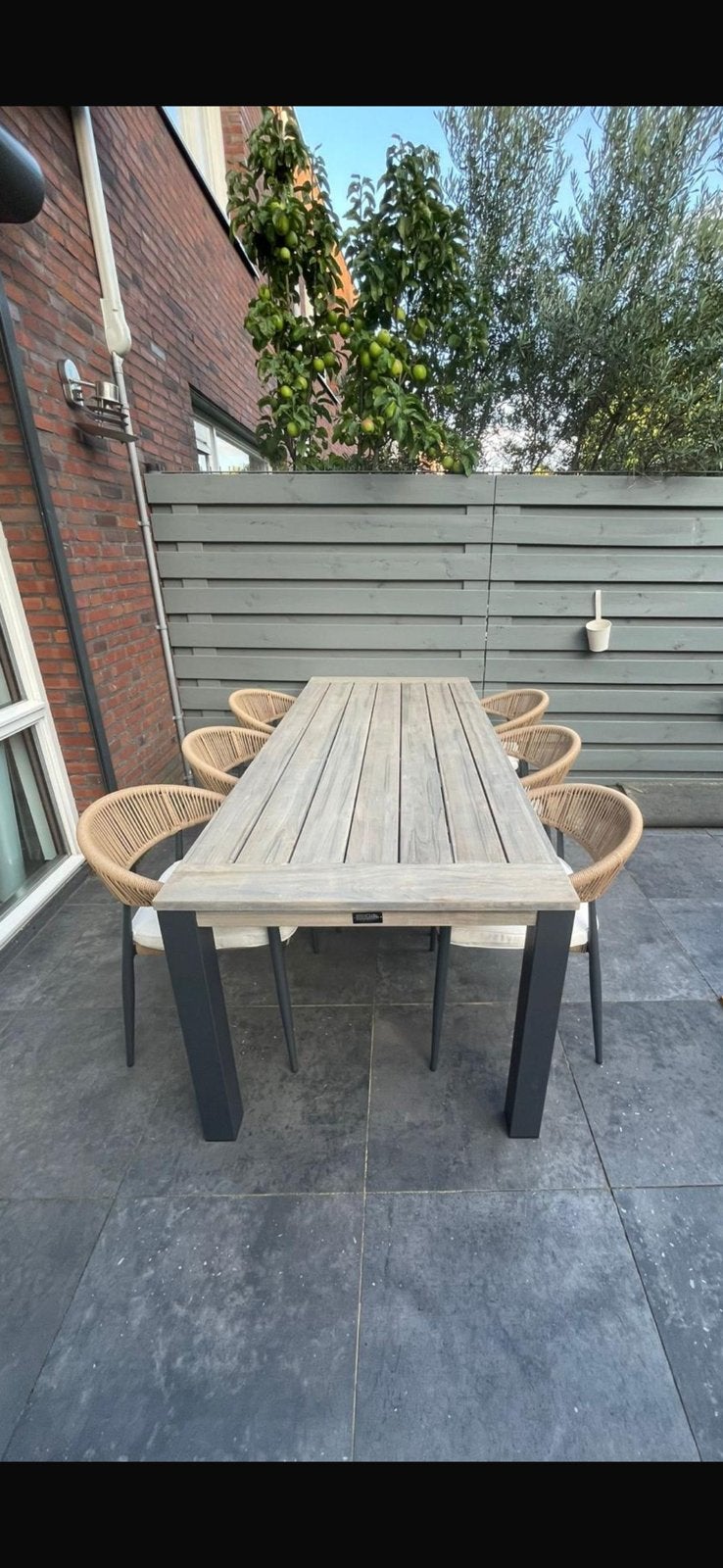 Teak hout tuintafel inclusief 6 stoelen en kussentjes, Ophalen, Zo goed als nieuw, Rechthoekig, Hout
