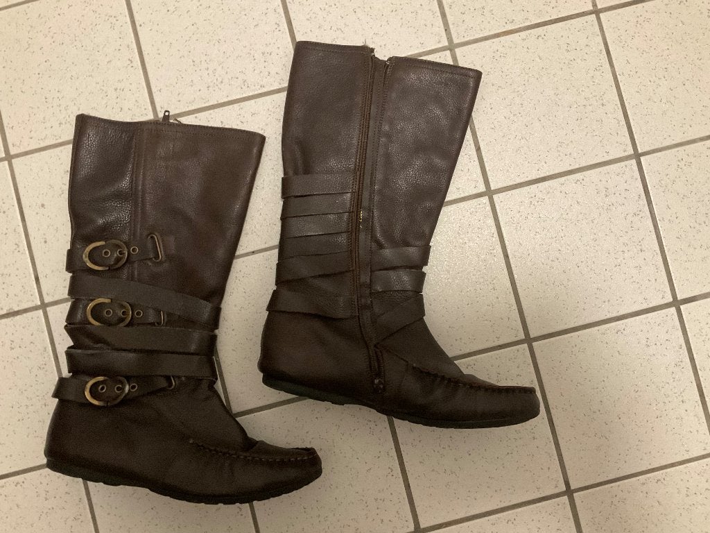 Mooie bruin leren, platte dames laarzen maat 38 SACHA, Ophalen, Hoge laarzen, Bruin, Zo goed als nieuw