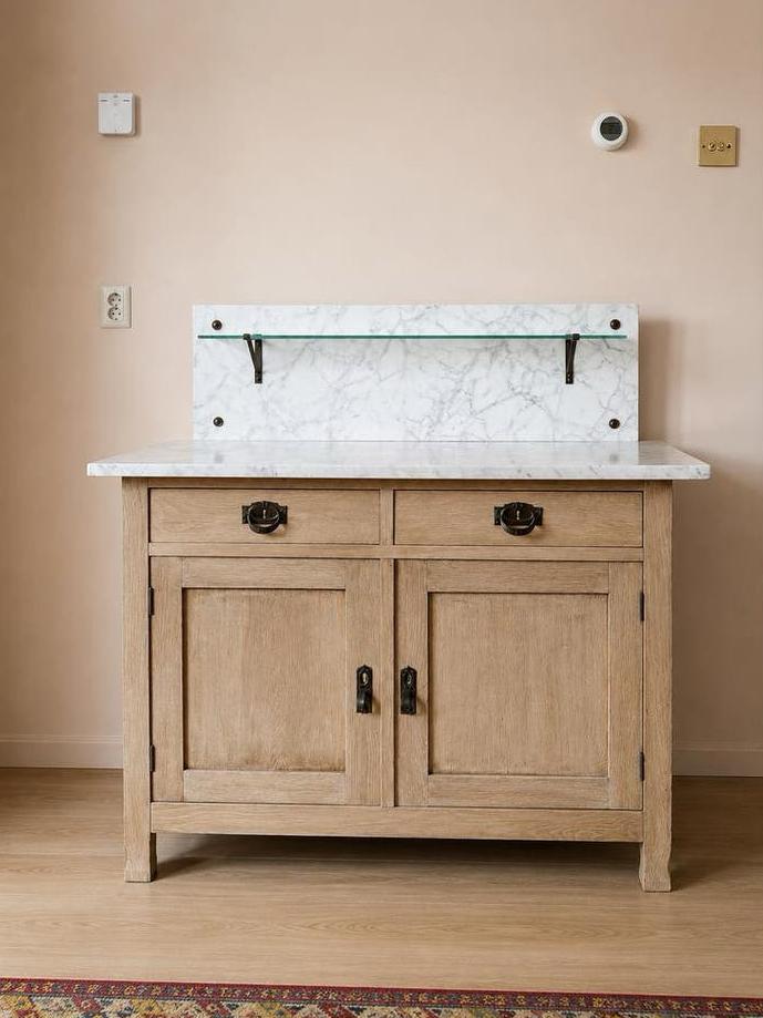 Antiek dressoir met Carrara marmeren blad – eikenhout, Huis en Inrichting, Kasten | Ladekasten, Zo goed als nieuw, Minder dan 100 cm