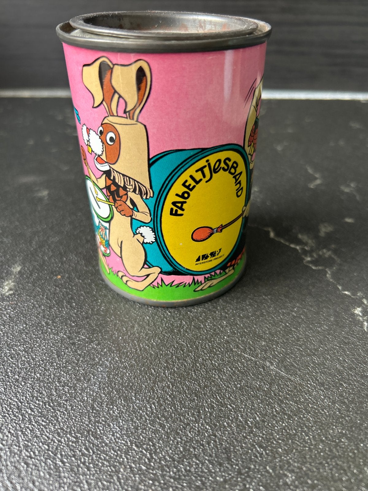 Vintage Fabeltjeskrant blikje - Juffrouw Ooievaar, Meneer de, Ophalen of Verzenden, Gebruikt