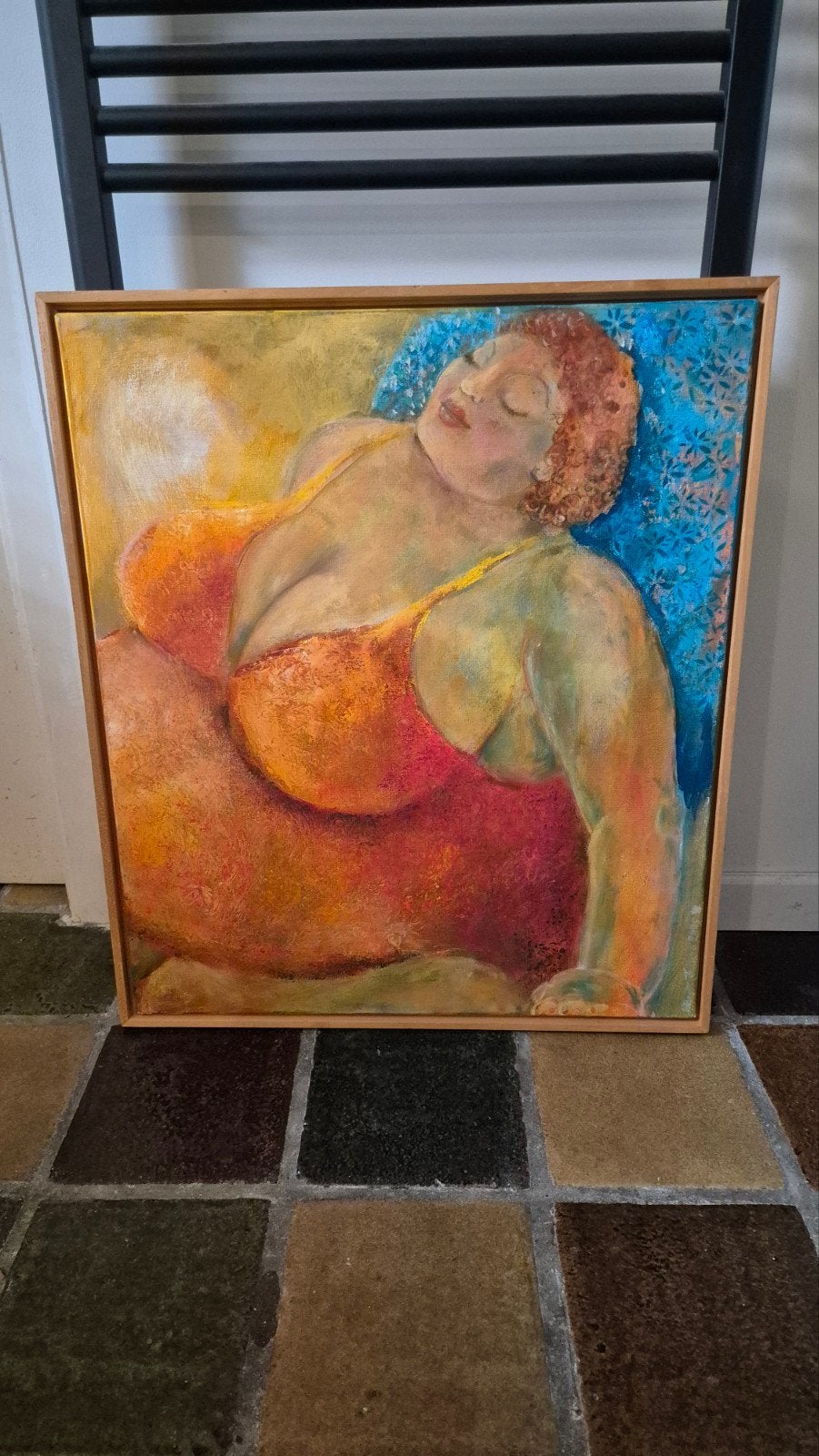 Schilderij van een liggende vrouw in badpak, Antiek en Kunst, Ophalen, Ingelijst, Textiel, Figuren