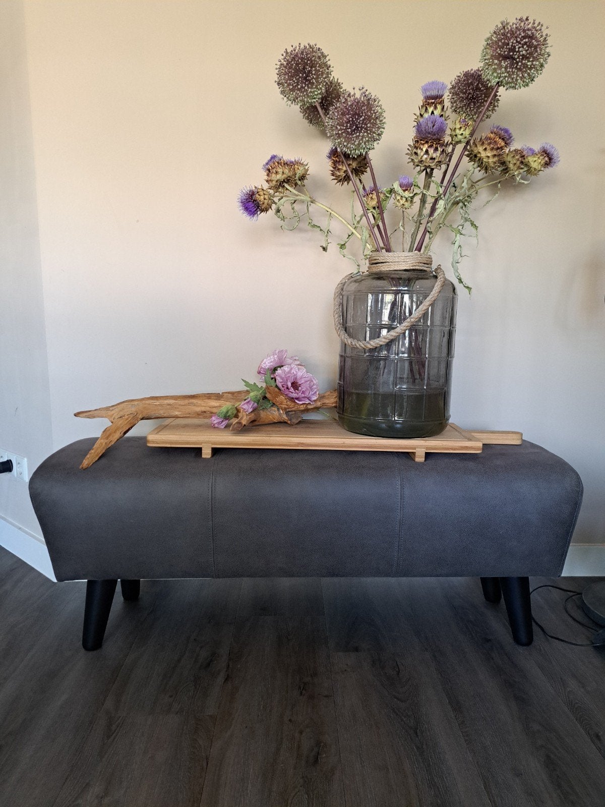 Grijze gestoffeerde bank/poef - 120x45x35cm, Huis en Inrichting, Stoelen, Ophalen