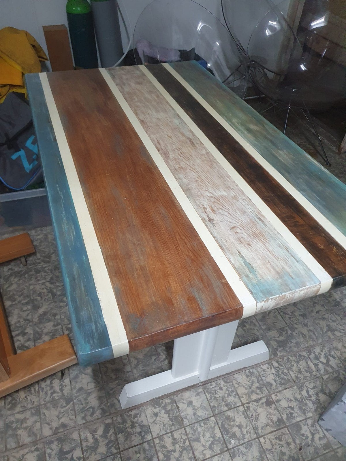 Unieke handgemaakte eettafel van gerecycled hout, Huis en Inrichting, Tafels | Eettafels, Ophalen, Gebruikt, 100 tot 150 cm, 50 tot 100 cm