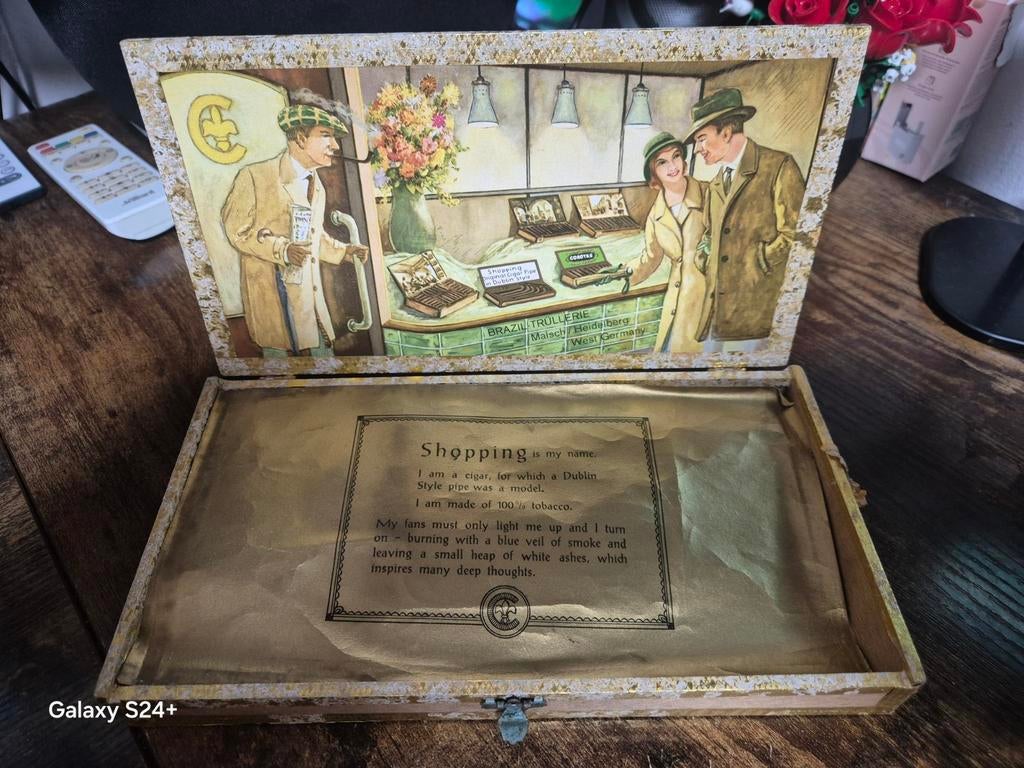 Vintage sigarenkistje met illustratie en tekst, Ophalen of Verzenden, Gebruikt, Tabaksdoos of Verpakking