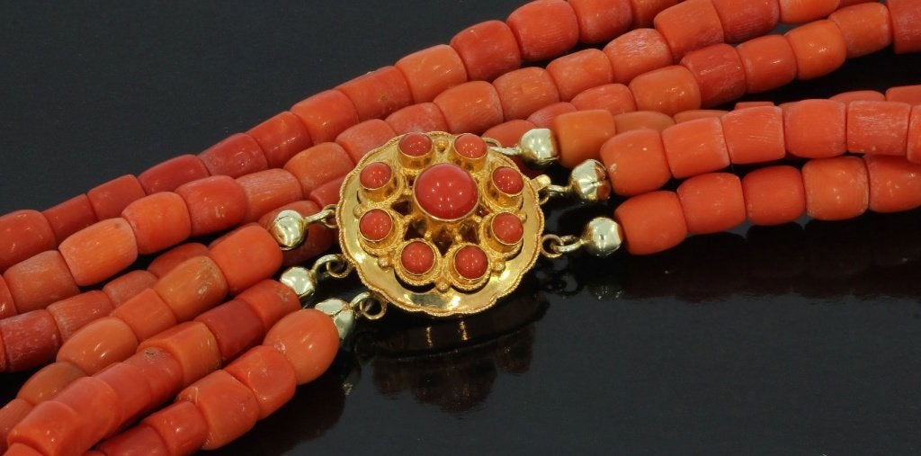 Bloedkoraal antieke ketting fraai 14k slot goud dames retro, Ophalen of Verzenden, Goud, Ketting, Met edelsteen
